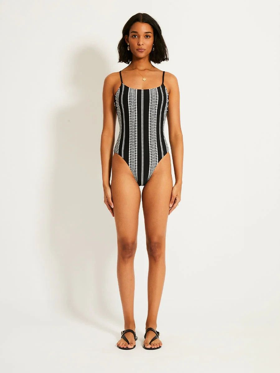 Tuckernuck Lemlem Elene One Piece Swimsuit Navy White Stripe Scoop Neck Size M